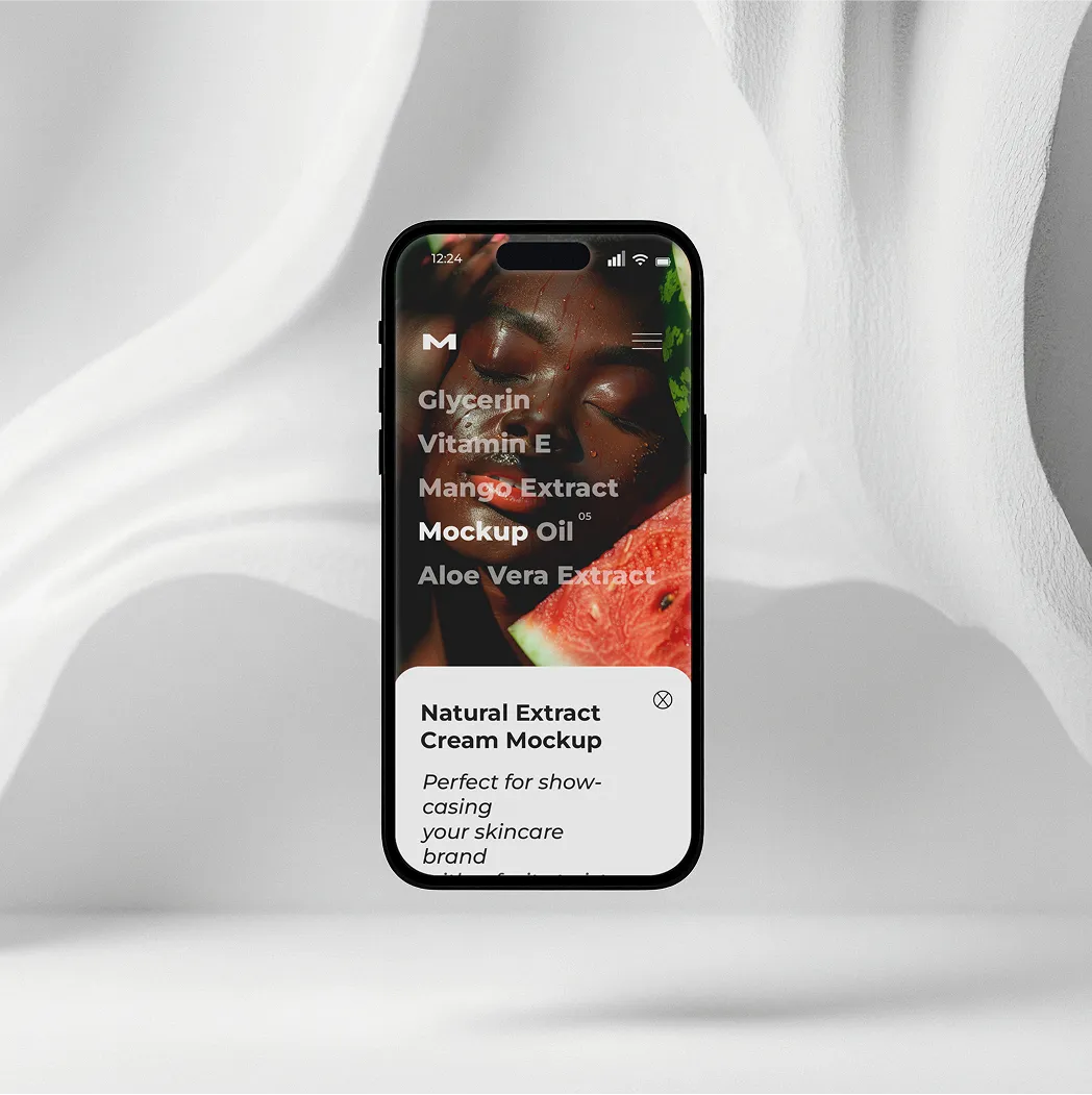 Smartphone standing upright with a wavy white backdrop showing a food-themed screen.