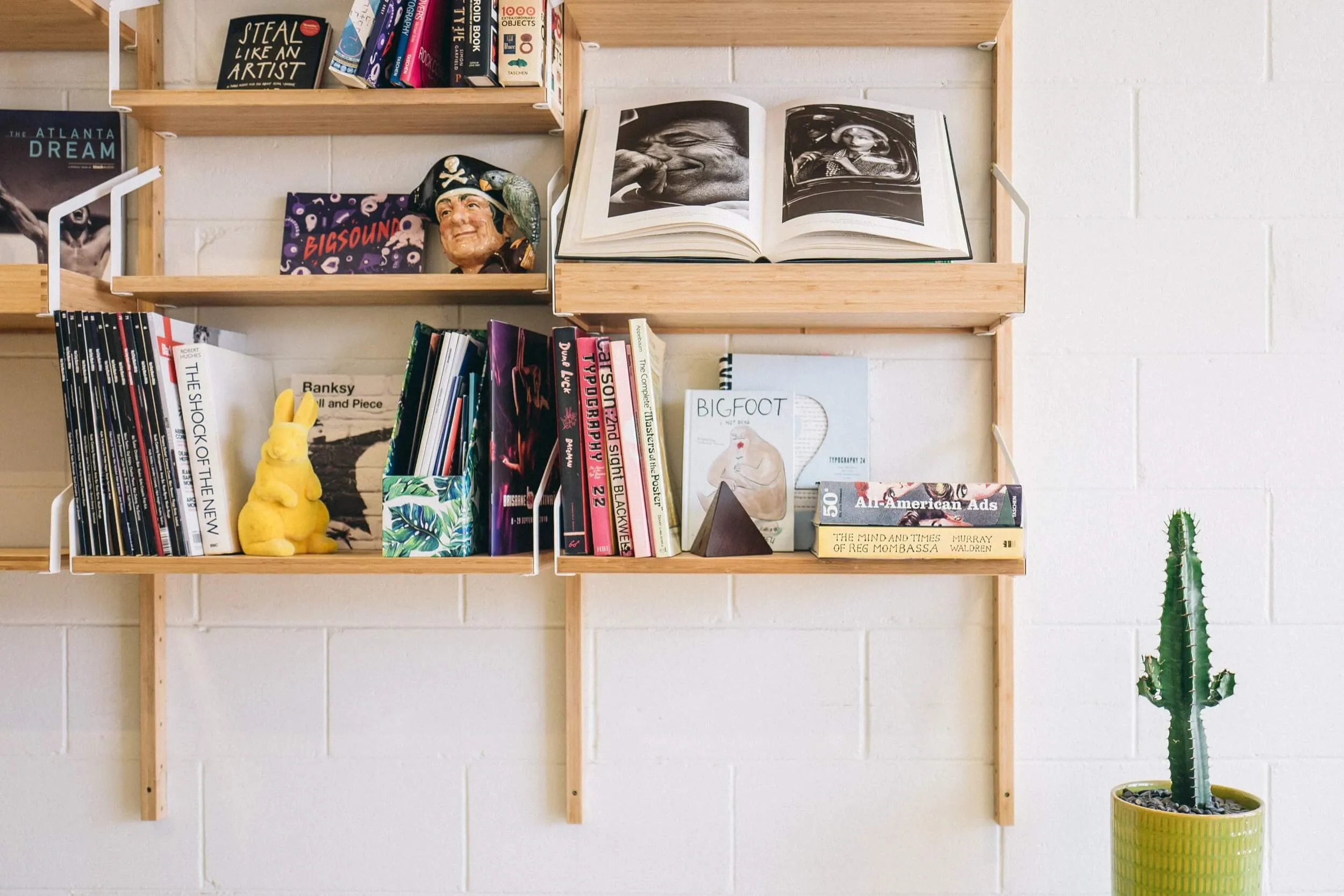 Wooden wall-mounted bookshelf with assorted books, an open photo book, a yellow rabbit figurine, a pirate head with a parrot sculpture, and a cactus in a green pot beside it.