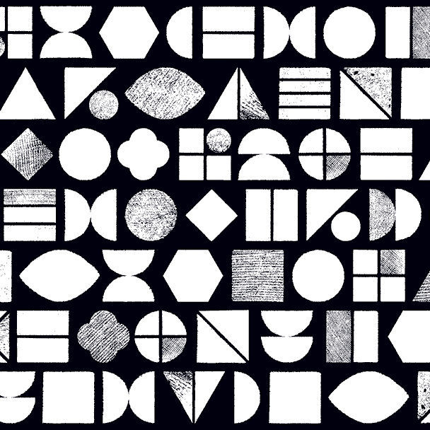 Pattern of various white geometric shapes including circles, squares, triangles, and hexagons with textured shading on a black background.