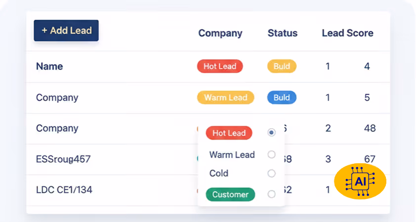 User interface showing a lead management table with columns for company, status, and lead score, including colored tags like Hot Lead, Warm Lead, Build, and Customer.
