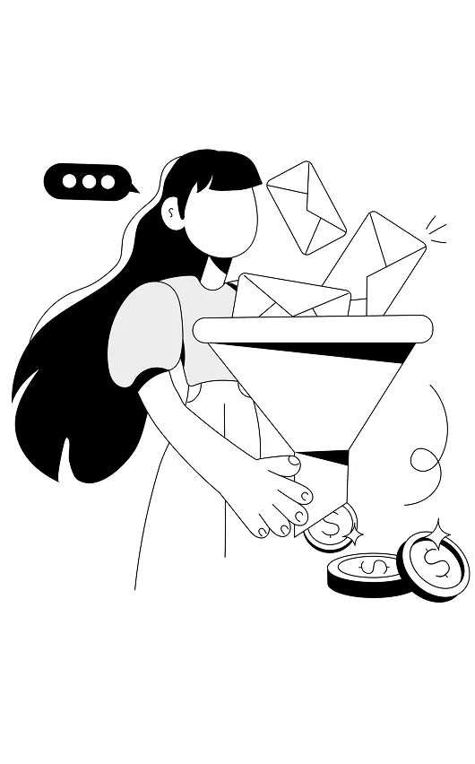Illustration of a person holding a funnel where envelopes enter at the top and coins come out at the bottom.