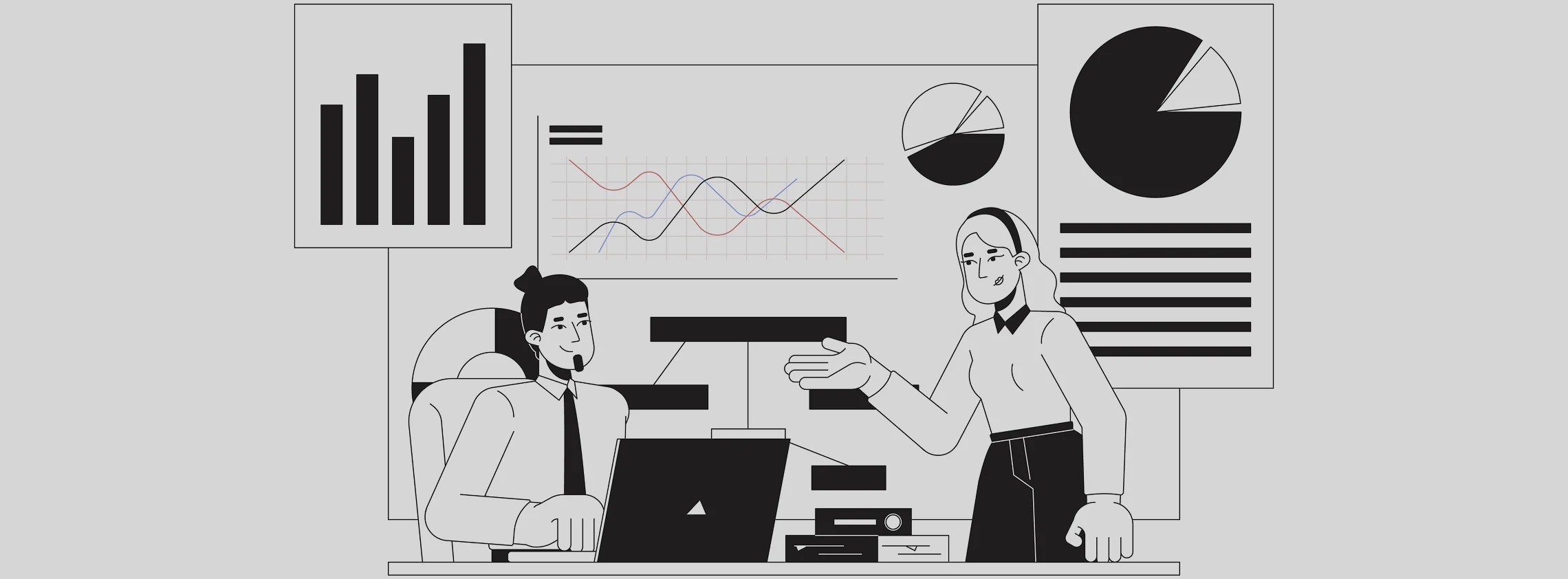 Two people working together with charts and graphs showing data analysis on a wall behind them.