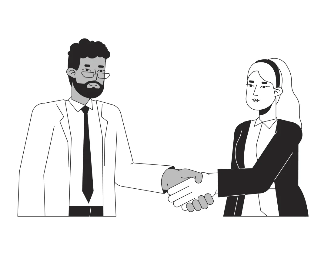 Illustration of a man and a woman shaking hands, both dressed in business attire.