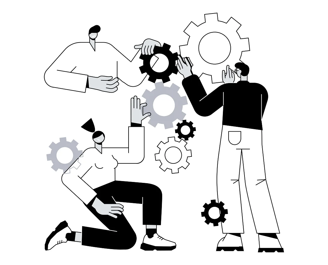 Illustration of three people collaborating to assemble and connect various gears.