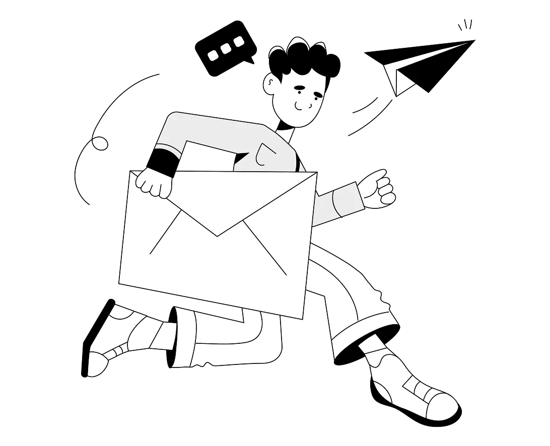 Cartoon person running while holding a large envelope, with a paper airplane and chat bubble icons nearby.
