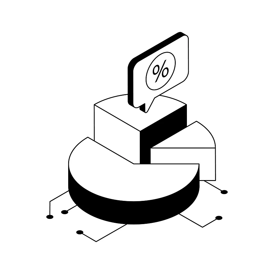 3D pie chart with four segments and a percentage symbol in a speech bubble above the largest segment.