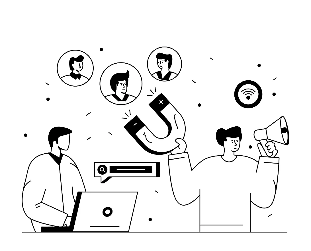 Illustration of two people with a laptop and megaphone attracting user profiles with a large magnet, symbolizing customer attraction and engagement.