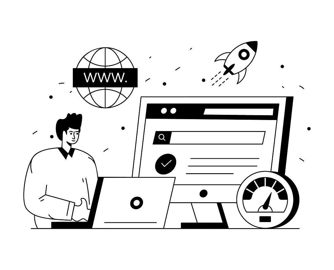 Illustration of a person using a laptop with a desktop monitor displaying a web search page, a globe with 'WWW', a rocket, and a speedometer icon.