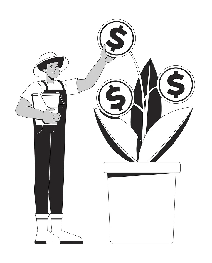 Illustration of a farmer holding a watering can, standing next to a potted plant with dollar signs growing like coins on its branches.