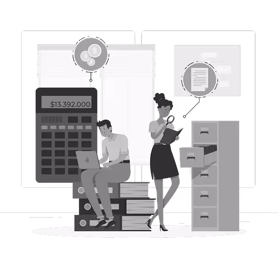 Two professionals auditing documents, one sitting on stacked books working on a laptop next to a large calculator showing $13,392,000, and the other standing near a filing cabinet holding a clipboard and pen.
