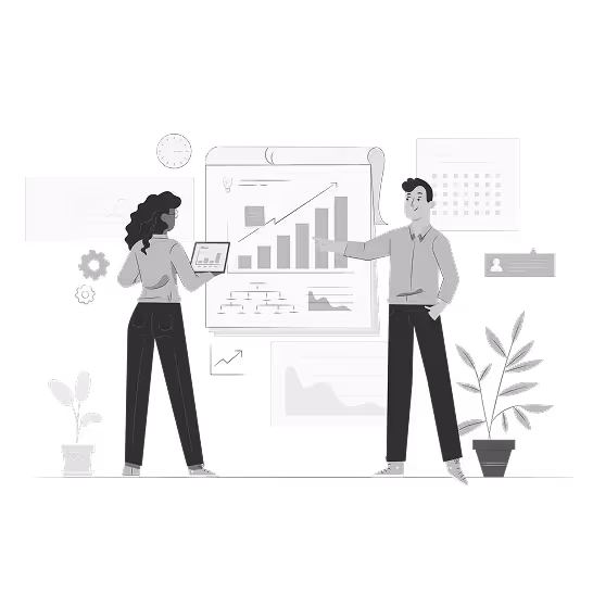 Man and woman discussing a presentation with a growth bar chart and various data visuals on a board, surrounded by plants and office elements.