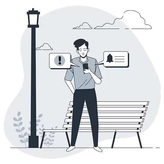 Illustration of a person standing near a bench and a streetlamp, looking at their smartphone with notification icons displayed nearby.