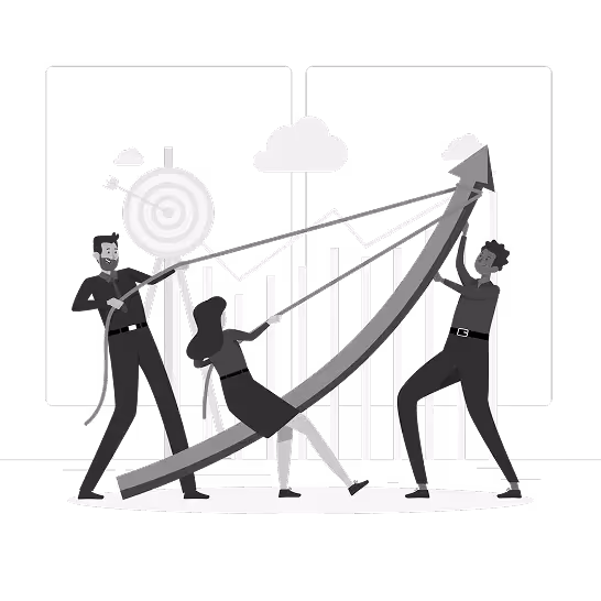 Three people working together to pull and lift a large upward arrow in front of a bar chart with a target symbol in the background, symbolizing team goals and growth.