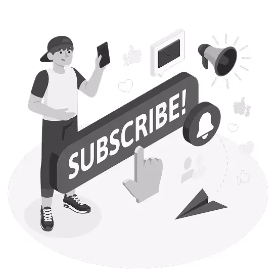 Person holding a phone standing beside a large button labeled 'SUBSCRIBE!' surrounded by icons of a bell, thumbs up, paper plane, envelope, and loudspeaker.