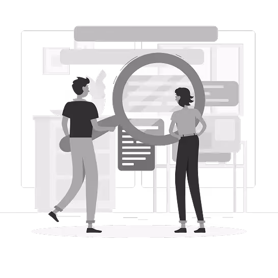 Two people standing in front of a large screen with a giant magnifying glass focusing on text and interface elements.