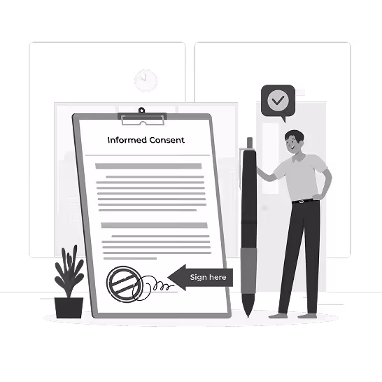 Person standing next to a large clipboard with an informed consent document and a sign here arrow pointing to a signature area.