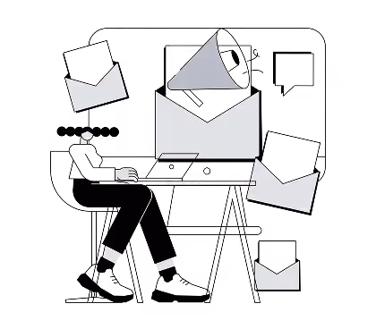 Illustration of a person sitting at a desk with floating envelopes symbolizing incoming emails and notifications.