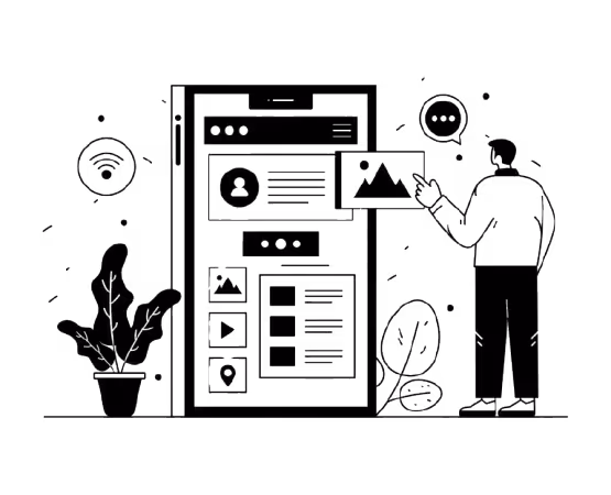 Illustration of a person interacting with a large smartphone screen displaying various app interface elements like profile, images, and chat icons, with a potted plant nearby.