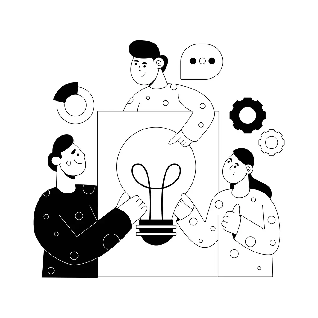 Illustration of three people collaborating around a large light bulb, symbolizing teamwork and idea generation.
