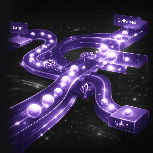 Glowing purple pathway with spheres representing a process flow from 'Brief' to 'Delivered' with gears and icons along the way.