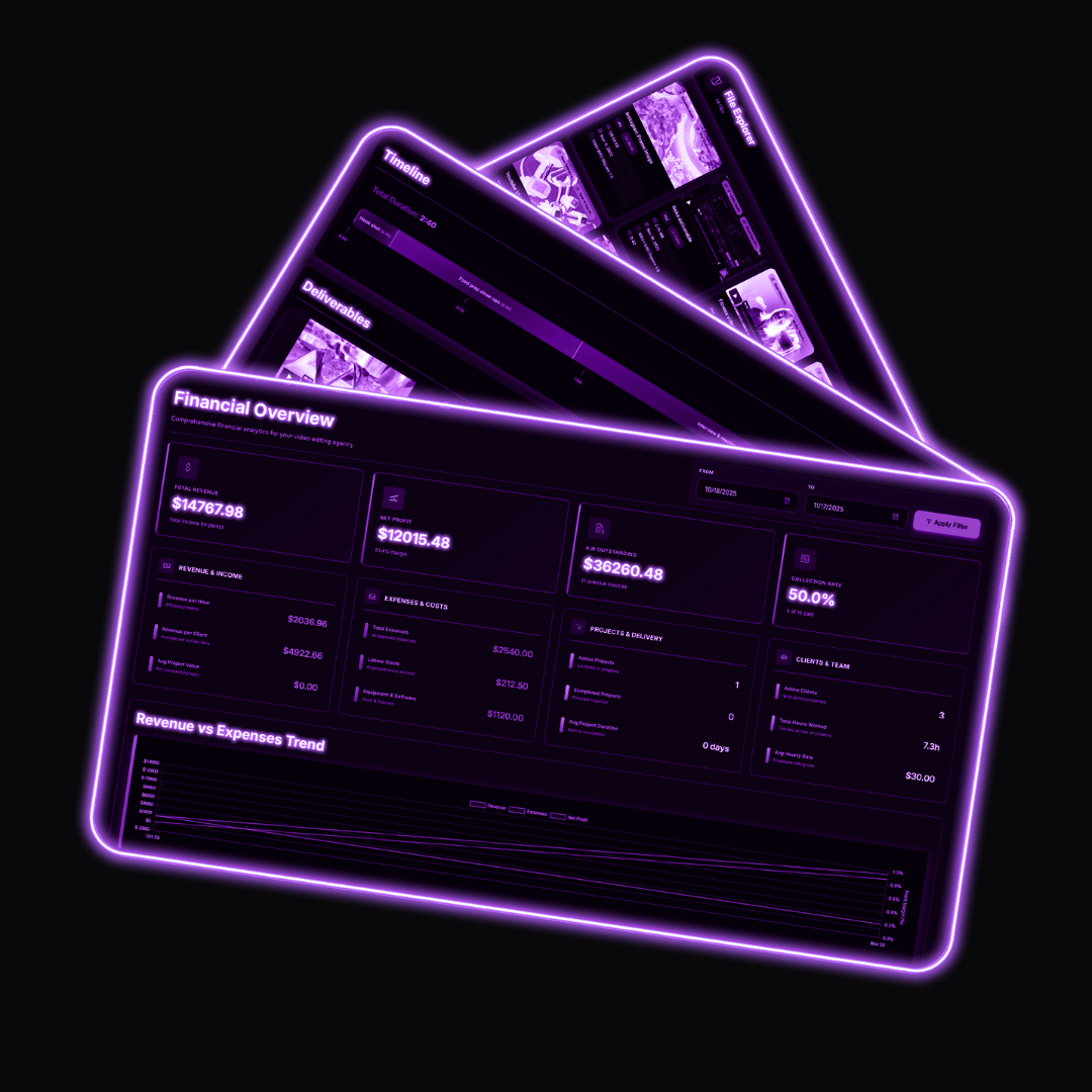 Three overlapping digital dashboard screens with neon purple glow, showing financial overview figures, timeline, deliverables, and file explorer elements.