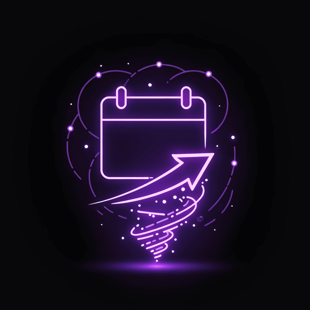 Neon purple calendar icon with an upward arrow and swirling dynamic lines on a dark background.