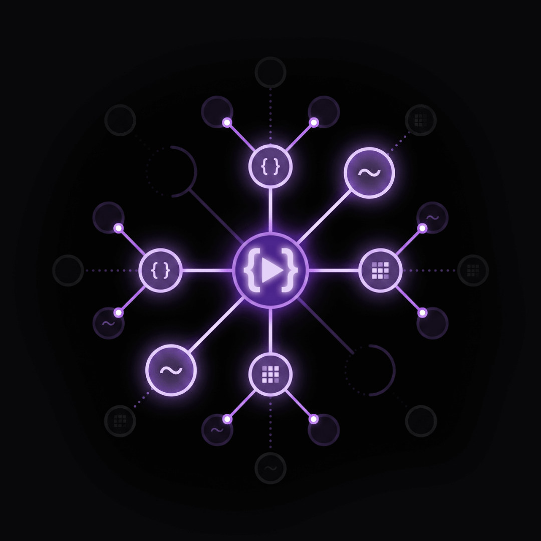 Glowing purple network diagram with a central node containing curly braces and a play icon, connected to nodes with symbols like curly braces, tilde, and grid patterns on a black background.