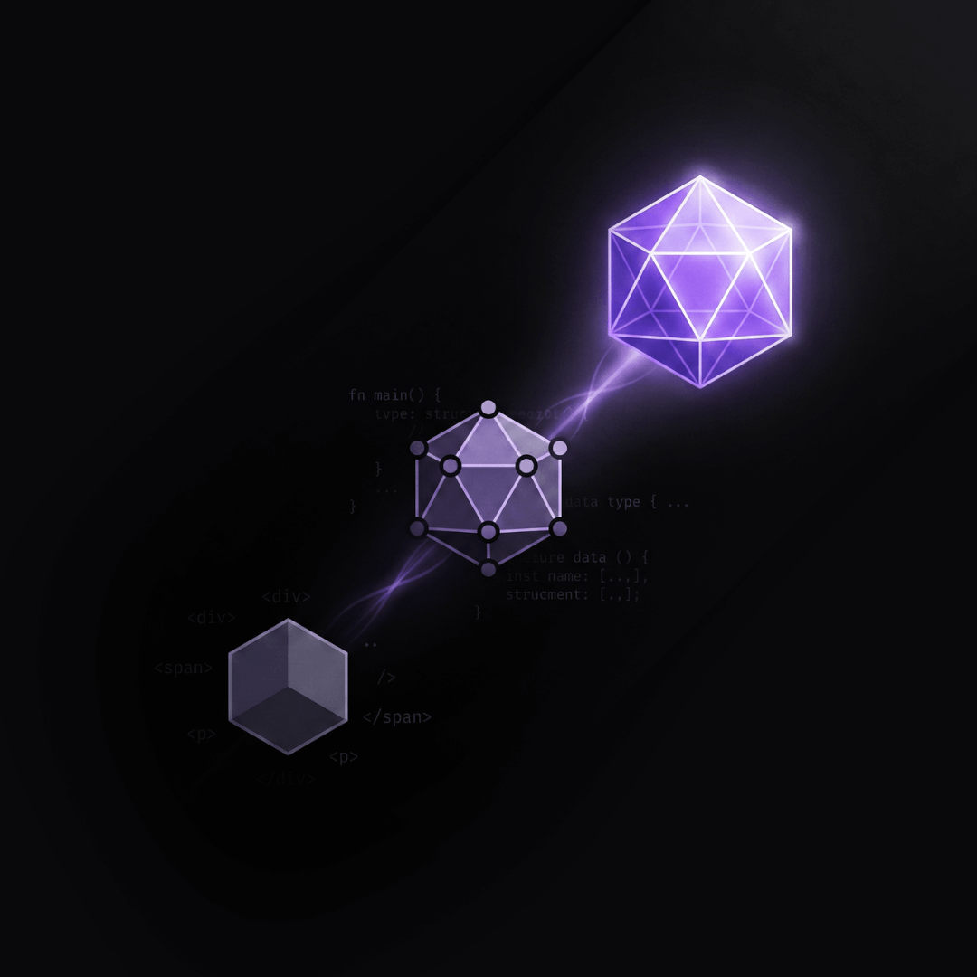 Three geometric shapes resembling cubes and polyhedrons connected by glowing purple energy lines on a dark background with faint coding text.