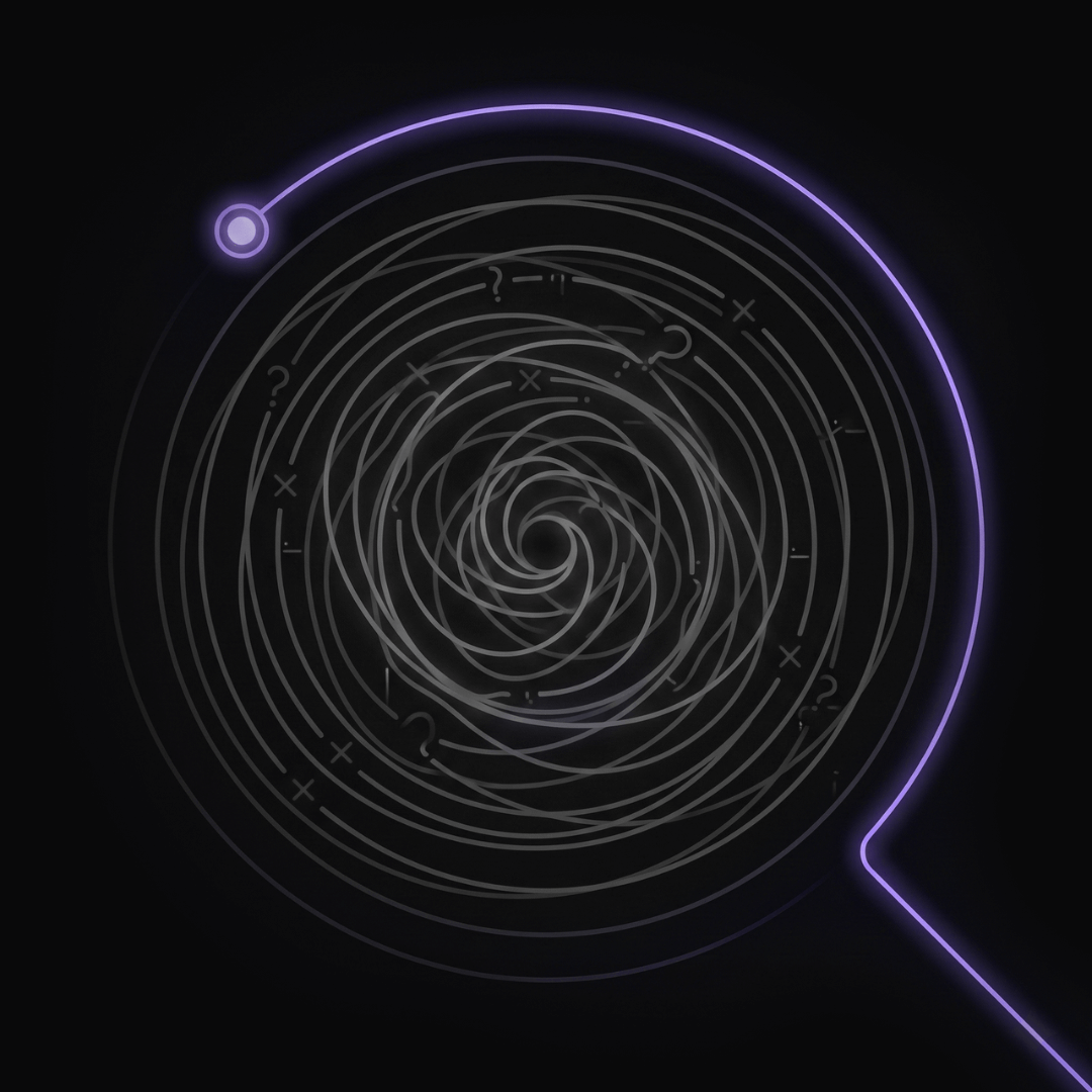 Abstract concentric spiral with question marks and X marks, outlined by a glowing purple circular path ending in a dot.