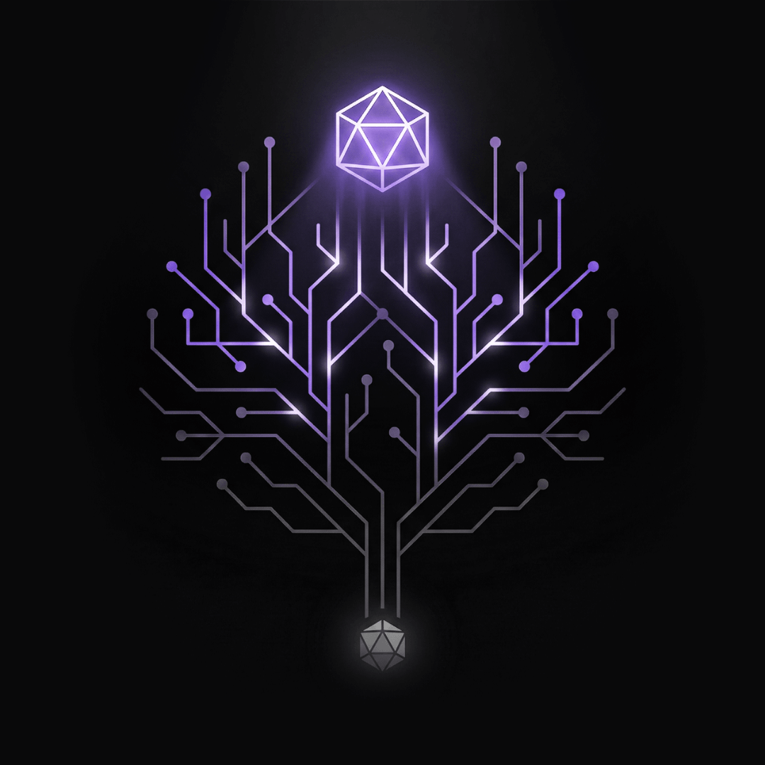 Purple glowing circuit lines branching like a tree connecting a dark icosahedron at the bottom to a bright icosahedron at the top.