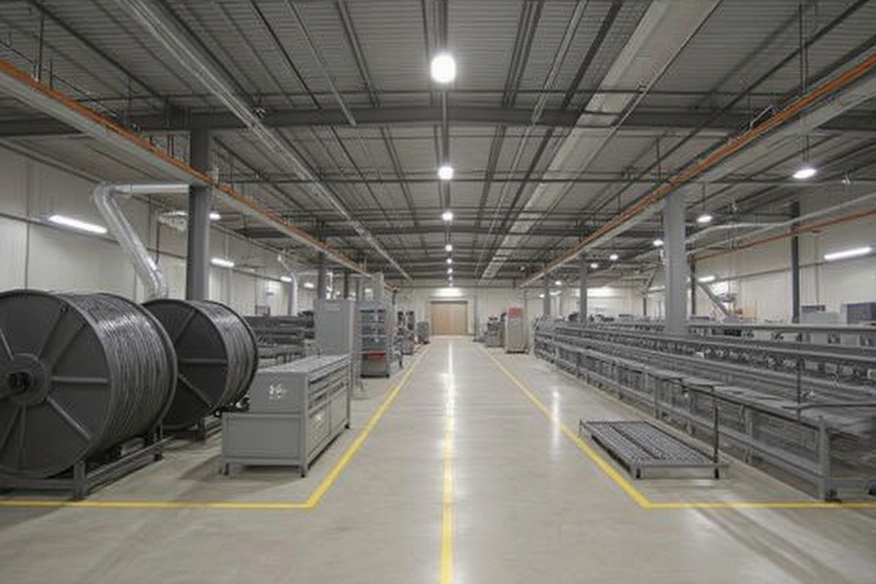 Wire manufacturing facility with steel wire reels and production equipment for electrical cable production#1.6