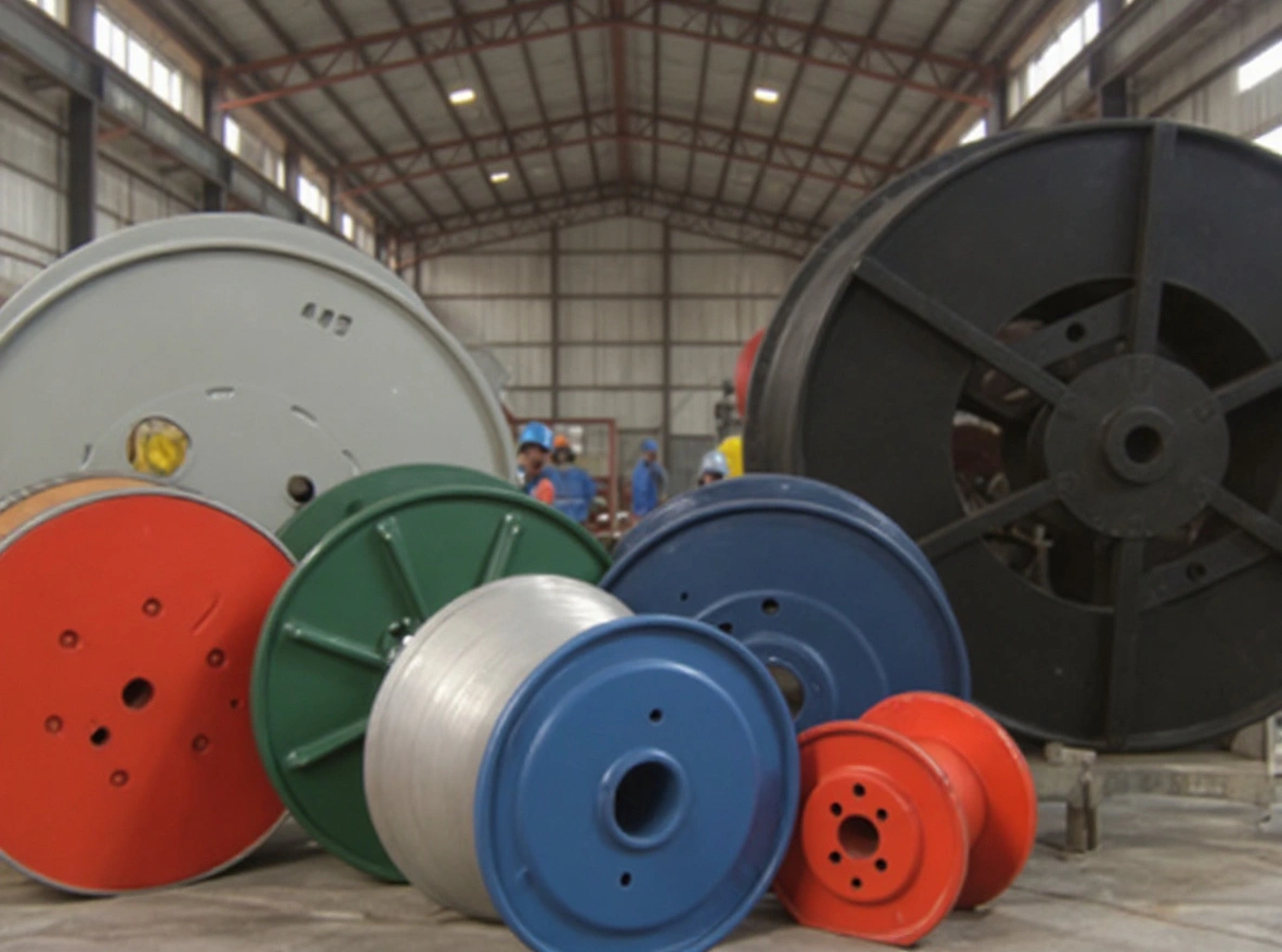 Wire reel reconditioning facility with industrial equipment and steel reels being processed#1.3