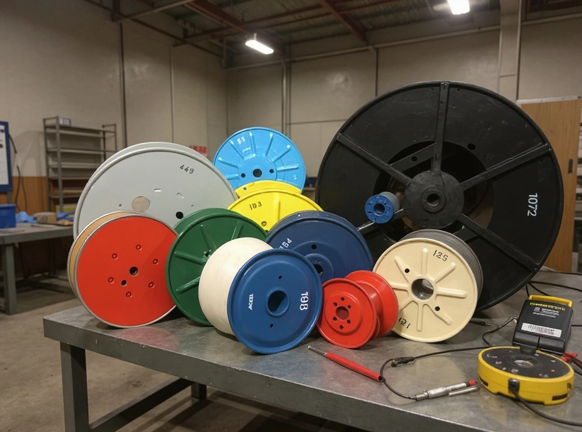 Comprehensive wire reel solutions showing various sized reels and repair equipment#1.2