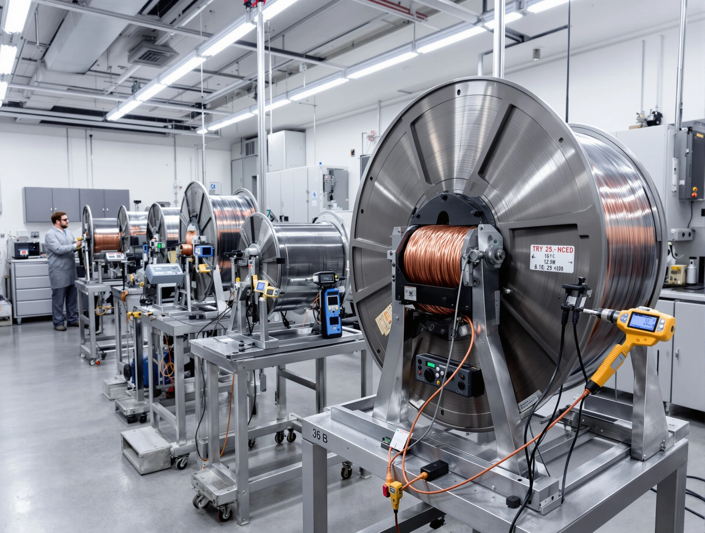 Professional wire reel reconditioning facility showing steel reels in various stages of refurbishment