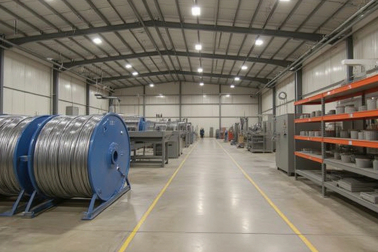 Industrial wire reel manufacturing facility with large steel reels and reconditioning equipment#1.5