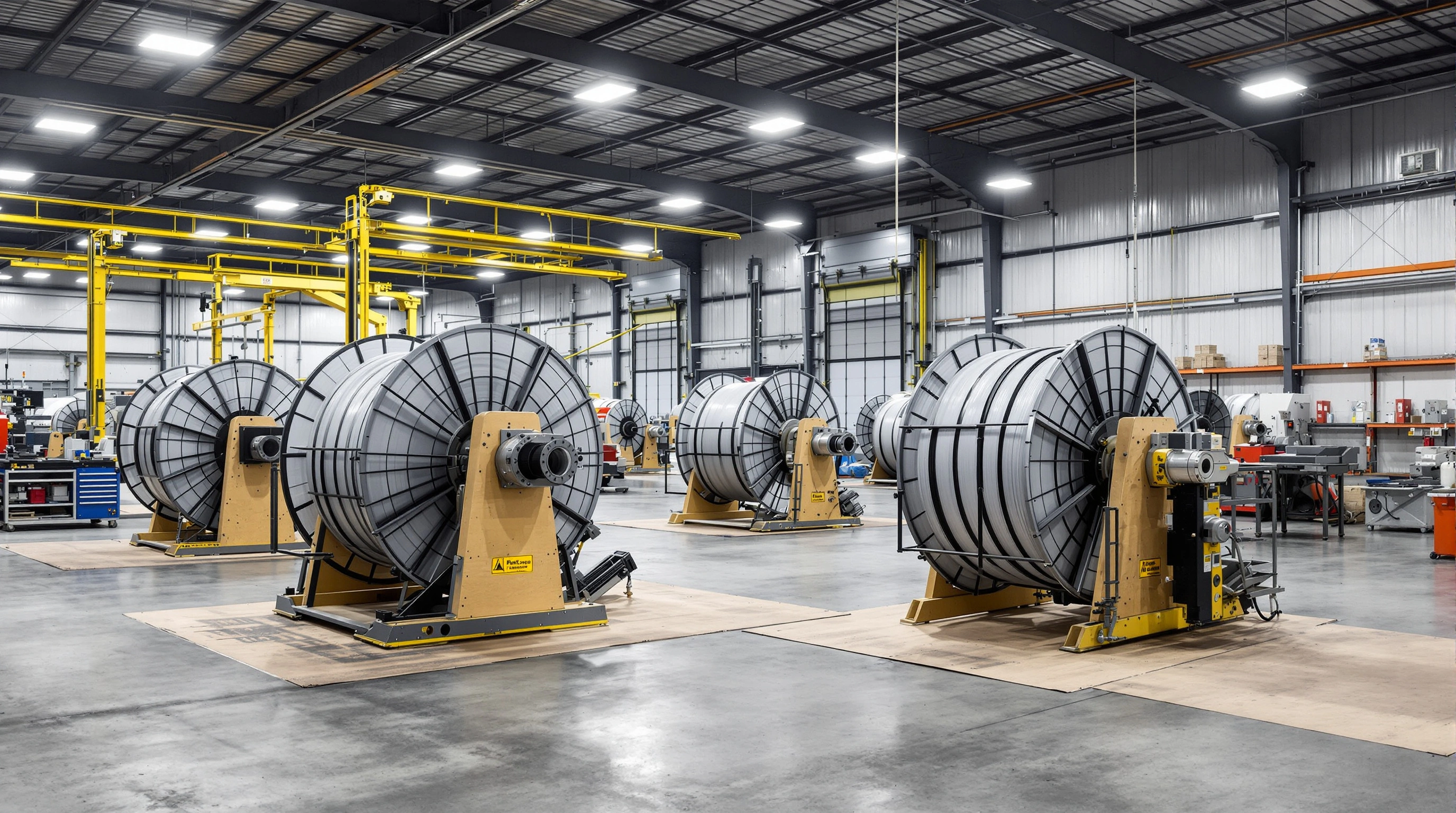 Industrial wire reel reconditioning facility showing large steel reels being serviced with professional equipment#1.9