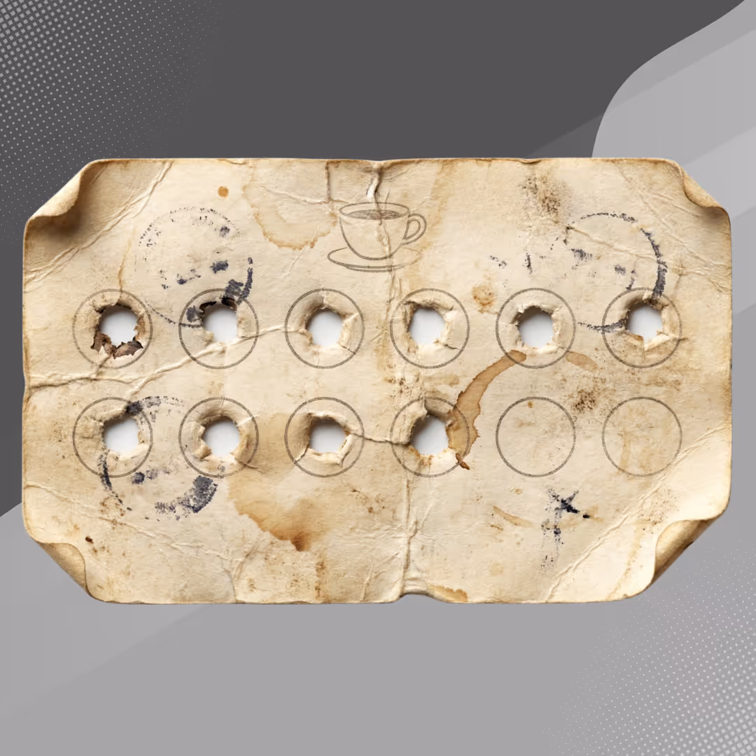 Stained coffee loyalty punch card with several holes punched.