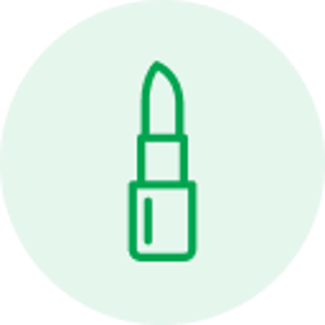 Green outline icon of a lipstick on a light green circular background.