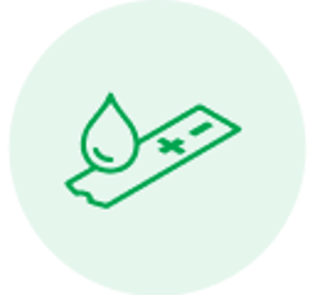 Icon of a blood drop and a glucose test strip representing blood sugar testing.