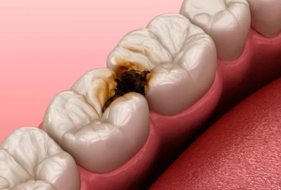 Close-up of molar teeth with a large cavity and tooth decay on one tooth near the gum line.