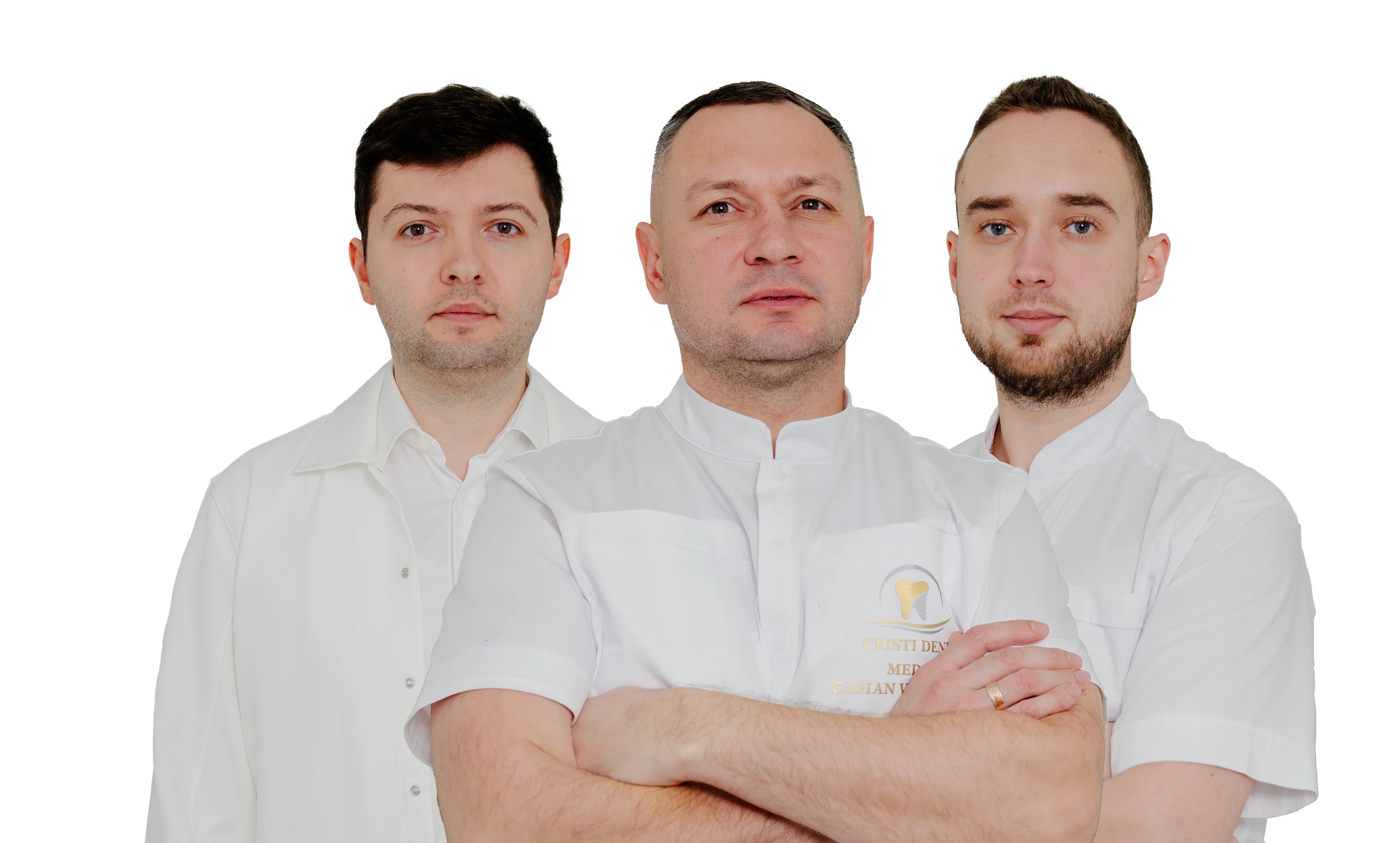 Three male medical professionals in white uniforms, with the center man crossing his arms.