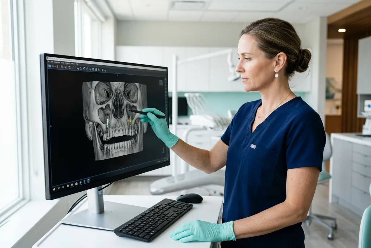 Chirurgul implantolog analizează CT-ul maxilarului superior înainte de sinus lifting