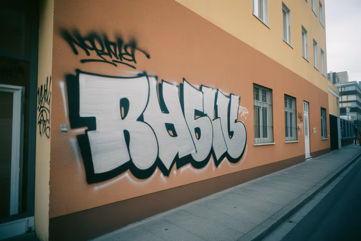 Graffiti mit dem Wort „RABU“ in großen weißen Buchstaben mit schwarzer Umrandung an einer orangen Hauswand.