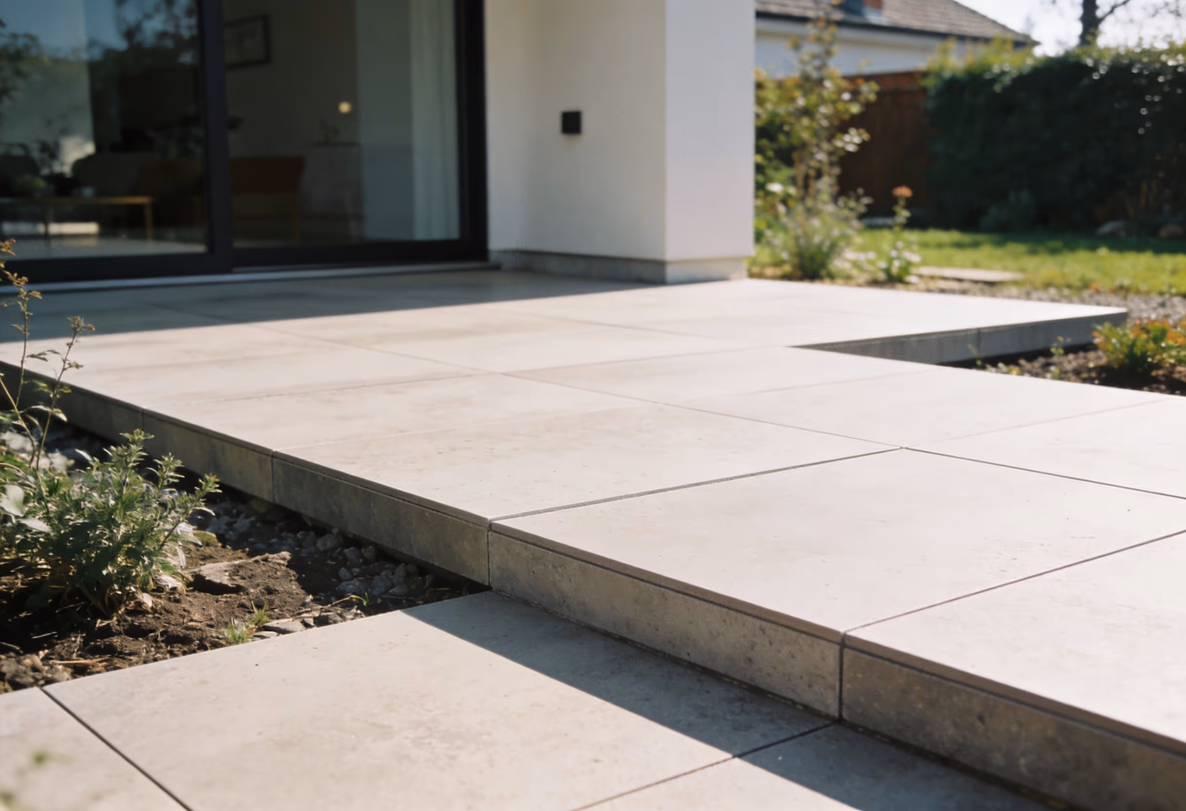 Moderner Außenbereich mit großen hellen Steinfliesen auf Terrasse und Garten.