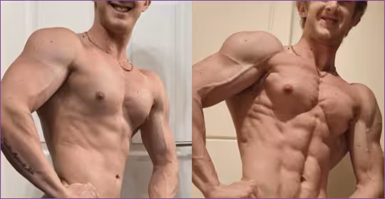 Before and after upper-body transformation showing increased muscle size and definition