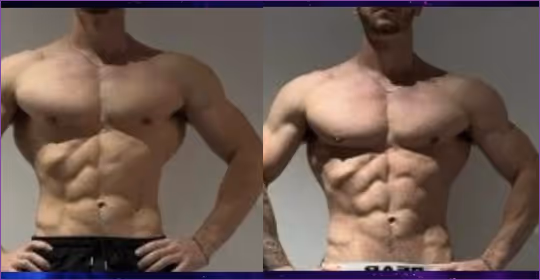 Before and after torso comparison showing increased abdominal definition and muscular development