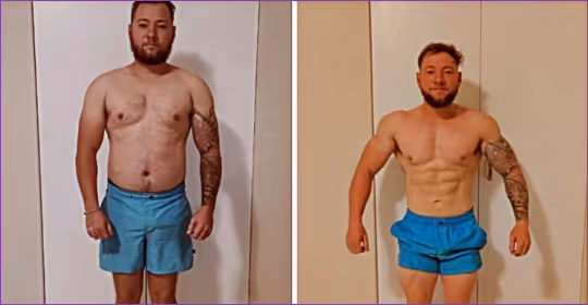 Before and after body transformation highlighting fat loss and improved muscle definition