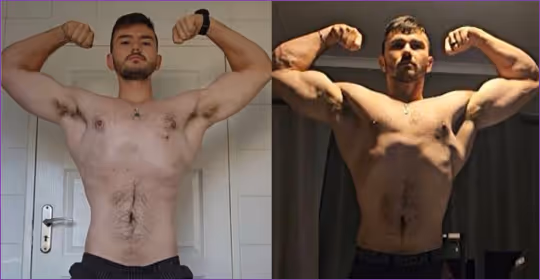 Before and after physique comparison showing upper-body muscle development and increased definition