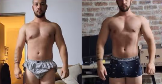 Before and after body composition change showing reduced body fat and stronger muscular definition