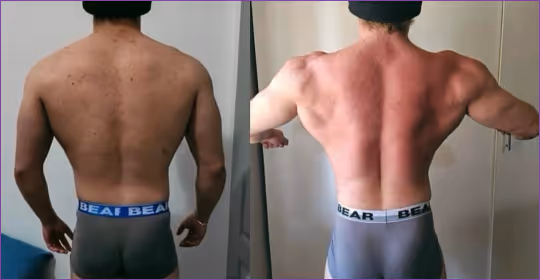 Before and after back physique comparison highlighting improved upper-back and shoulder definition